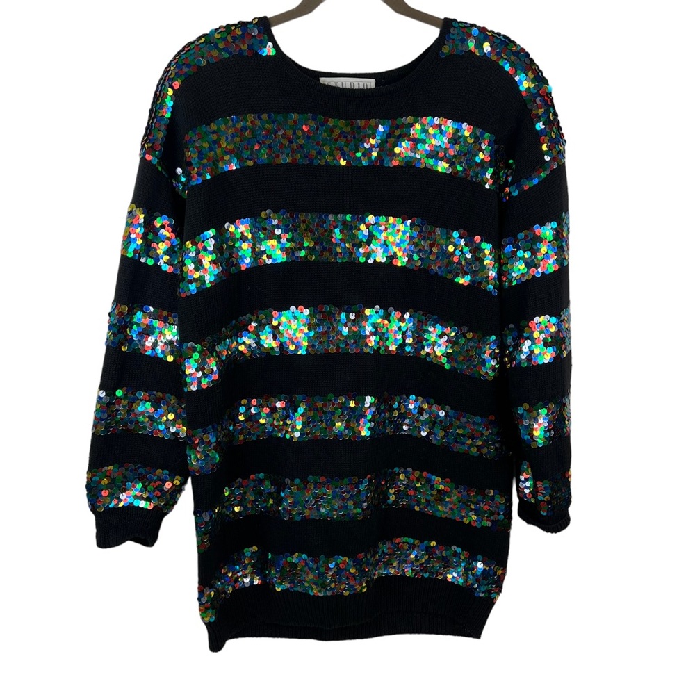 Vtg 90's Y2K Black Knit Sweater Sequins Party Oversize Studio Michelle Stuart M
